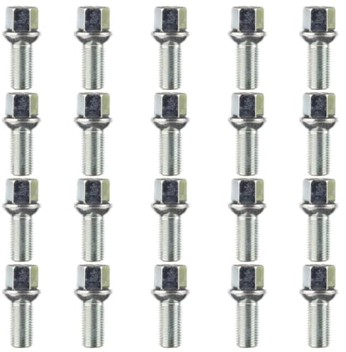 RYBO Alloy Wheel Bolts - M14 x 1.5, 27mm Thread, 17mm Hex | Replacement Bolt Kit for Audi & Volkswagen Car Models | Car Accessories (Silver, Set of 20)