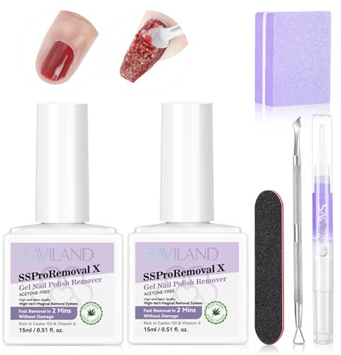 SAVILAND Pro 2X-Speed Gel Nail Polish Remover Kit: 2Pcs Non Acetone Gel Remover Fast Removal in 2 Mins Castor Oil VE Gel Nail Remover for Acrylic Dip Nails with Complete Removal Tools Home
