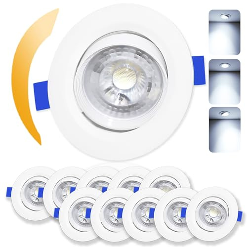 Cinsenten 10 Pack LED Ceiling Downlights 230V 30° Tiltable Φ70-80mm, LED Recessed Ceiling Spotlights 5W, Bathroom Spotlights IP44 Waterproof, Flat Spot Lights Round White (6000K Cool White)