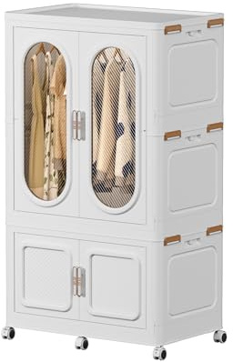 Mecolor Armadio in plastica da 84 cm con ante magnetiche e 6 ruote - Organizer pieghevole impilabile, soluzioni di archiviazione per camera da letto (PL84-LC)