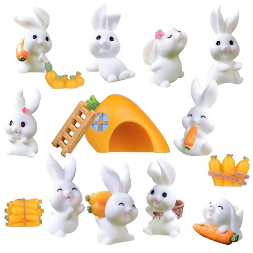 Bluelves 15 Piezas Pascua Mini Conejito, Miniatura Escultura Conejos de Pascua, Figura Conejito Resina Miniatura, Figuras de Conejito para Pascua Micro Paisaje Decoración Niños Cumpleaños Regalo