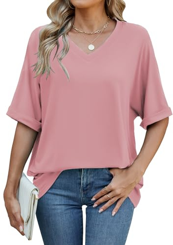 Famulily Ladies Summer Basic Comfy T Shirt Women Oversized Tunic Tee Tops Casual V Neck Baggy Tshirts (XXL, Pink)