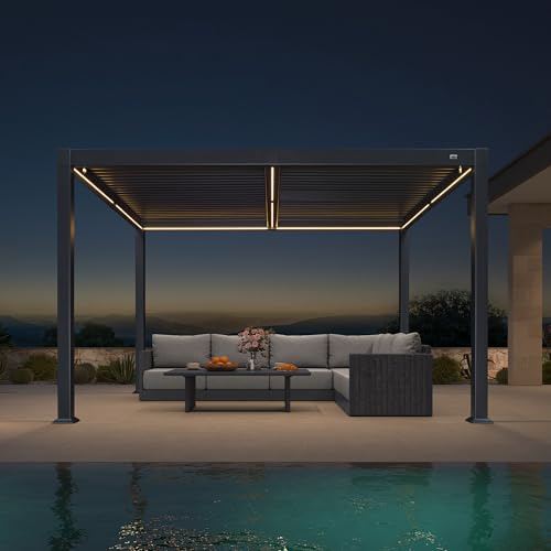 PURPLE LEAF Pergola 3 x 3.65 m mit Lamellendach Wasserdicht Stabil Winterfest Terrassenüberdachung Freistehend Lamellenpergola Verstellbaren Alu-Lamellen mit LED-Lichtleiste für Garten, Grau