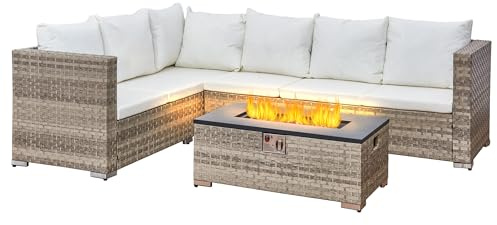 Aweather 6-Seater Rattan Garden Furniture,Outdoor Sectional Sofa Set with Fire Pit Table,Grey Wicker with White Cushions