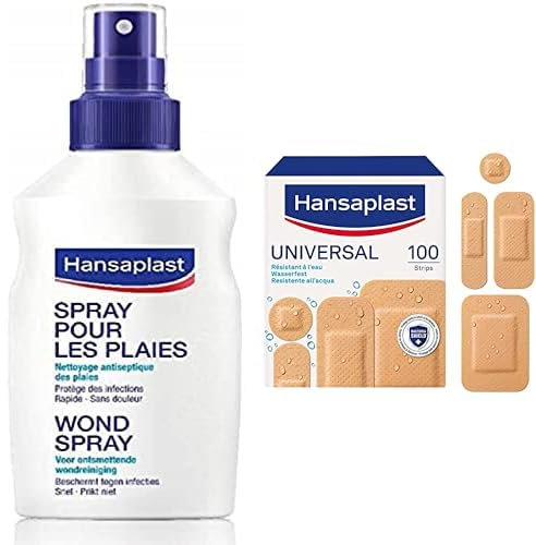 Lot HANSAPLAST Spray Antiseptique (1 x 100 ml), Spray nettoyant pour plaies superficielles, Désinfectant pour protéger les plaies +100 pansements, résistant à l’eau, Pansements prédécoupés