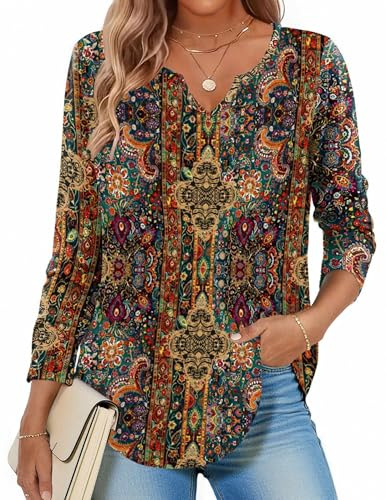 Zeagoo Boho Tops for Women Long Sleeve V Neck Shirts Casual Vintage Ethnic Blouse Business Work Tunic School Outfits XXL