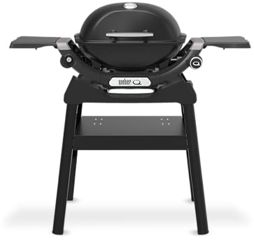 Weber Q 1200N Gas Grill with Compact Stand + Side Tables, 1 Burner, Electronic Ignition, Porcelain-Enamelled Cast Iron Grate, with Lid Thermometer - Black (1501084)