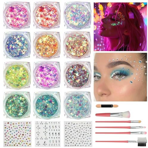 Festival glitter ansikte glitterpulver för pyssel, 12 färger pysselglitter, hantverk glitterklistermärken, glitterstenar självhäftande ansikte med sminkborstset för smink