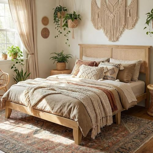 GAOMON Queen Size Rattan Bed Frame, Rattan Bed with LED Light & Natural Headboard, Boho, Storage Space Underneath, Sturdy Wooden Slats Support, No Box Spring Needed