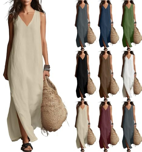 Générique Robe Lin Femme Été Longue Décontractée - Col en V sans Manches Fendu Latéral Vetement Fluide et Élégant Idéal pour L'Été et Les Vacances Lounge À La Plage