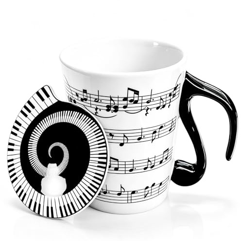 Xrten Coppa Musicale in Ceramica,Tazza con Manico a forma di Nota Musicale Pianoforte Tazza da con Coperchio