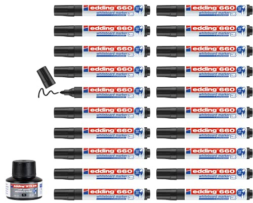 edding 660 marcador para pizarras blancas - negro - caja con recarga de 20 rotuladores - punta redonda 1,5-3mm - borrado en seco - pizarras blanca, flipchart, tablón de notas - recargable