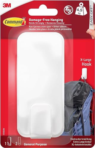 Command Utility Hook, X-Large for Heavyweight - 1 Hook in White and 2 Adhesive Strips for Indoor and Other Items up to 4.5 kg - No Nails, No Holes, No Drilling