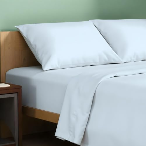 TEXAS LINEN CO. 100% Organic Cotton Sheets Queen Size - 4 PC Organic Cotton Queen Size Percale Weave Sheet Set, Soft, Cooling, Crisp, 16 Deep Pocket Hotel Quality Bedding Set - Light Blue