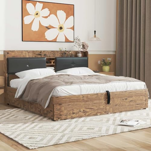 Azkoeesy Cama tapizada de 180 x 200 cm con somier y espacio de almacenamiento, cabecero tapizado con puertas abatibles y estante, 2 cajones de malla metálica, diseño industrial, color marrón