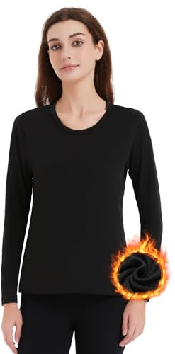 Soudittur Thermal Underwear Womens, Fleece Lined Thermal Tops Long Sleeve Undershirt Warm Winter Base Layers Shirt(L, Black)