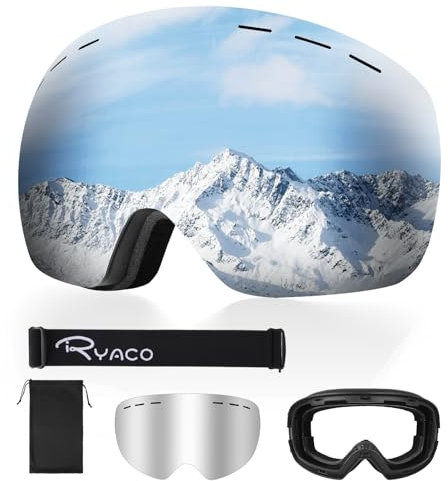 Ryaco Skibrille Snowboardbrille, 100% UV-Schutz Anti-Nebel OTG Sphärische Schneebrille für Brillenträger, Schlagfeste Linse Schneesportbrille für Herren, Damen, Jugendliche, Jungen, Mädchen