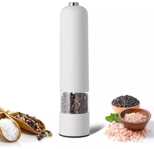 Paluplus Macina Sale e Pele Elettrico, Misura 5x22 cm, Macinapepe con Rotella per Regolare la Macina, per Sale, Pepe e Spezie, Potenza 10W -773F (Bianco)