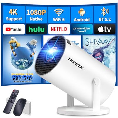 Mini Beamer 4K Projektor Full HD 1080P mit WiFi 6 und Bluetooth 5.2, Android Tragbarer Projektor 270° Dreh mit Automatische Trapezkorrektur für PC/HDMI/USB，mit Maus und Fernbedienung, Weiß