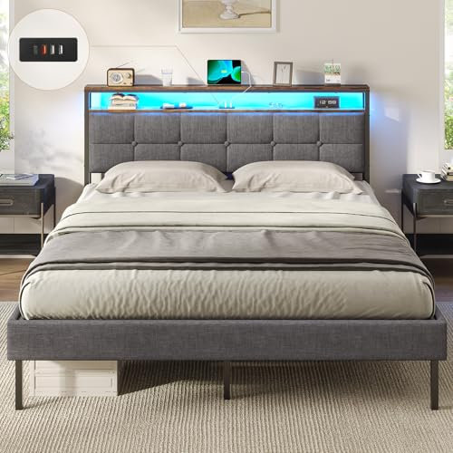 AOGLLATI Polsterbett 160x200 mit Lattenrost aus Metall Bettgestell mit LED-Beleuchtung und Steckdosen Bett mit Stauraum MetallBett mit Kopfteil Doppelbett Bettrahmen mit USB-Anschlüssen