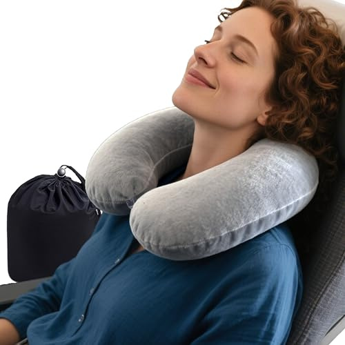 Xcdhemde ® Almohada de Viaje, Almohada de Viaje de Espuma Viscoelástica - Soporte Envolvente de 360°, Gancho Portátil Extraíble y Lavable: Adecuado para Aviones, Oficinas y Uso Doméstico (Gris)