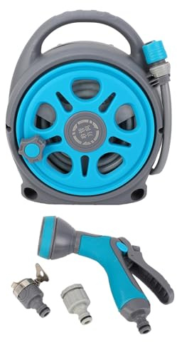 Carrete de manguera para jardín, retráctil, flexible, expandible, presión de agua ajustable, modos de rociado versátiles para jardín, lavado de autos, gris, azul, 16 m, 12 m (12m)