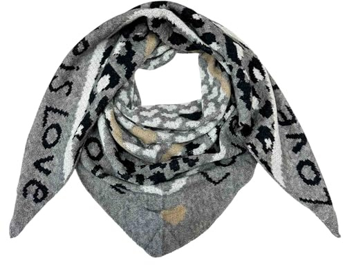 J26 Écharpe triangulaire XXL Love Léopard Hiver Unisexe Triangle Écharpe en laine Étole brodée, gris, 210 x 85cm