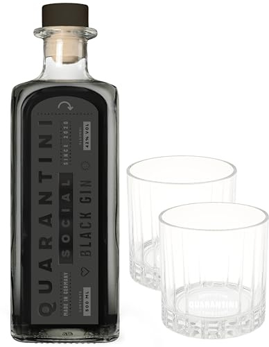 Quarantini Black Gin 42% Vol. (500 ml) + 2 Quarantini Logo Gläser – mit fruchtigen Botanicals aus Papaya und Bergamotte