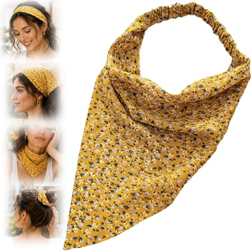Golden Meadow Floral Bandana Headband for Women - Mustard Yellow Boho Hair Scarf with Elasticated Back, Multi Way Hair Wrap for Travel, Beach, Work, Holiday & Everyday Outfit Style Daily Use