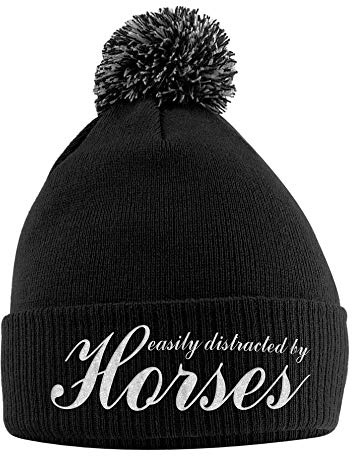 Easily Distracted By Horses Bobble Hat- Horse Riding Hat - Equestrian Accessories - Horse Gifts For Girls - Horse Loving Girls - Winter Beanie Hats For Girls - Horse Riding Presents Women