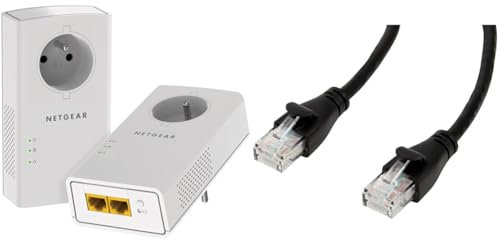 NETGEAR PLP2000-100FRS Pack de 2 Prises CPL 2000 Mbps avec Prise filtrée et 2 Ports Ethernet & Amazon Basics Câble réseau Ethernet RJ45 catégorie 6-3 m