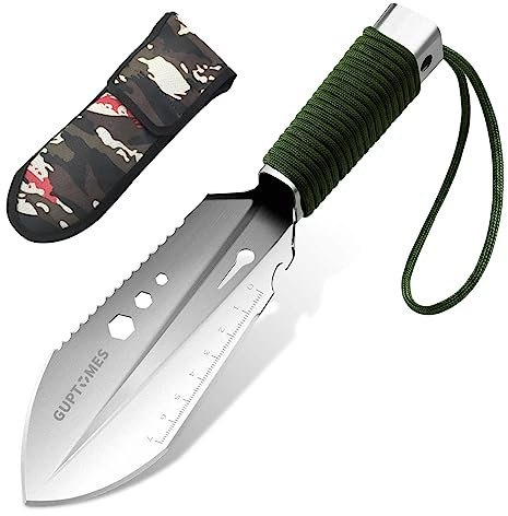 GUPTOMES 8 en 1 Paleta de Camping, Pala Ligera, Multiusos, para mochileros, Regla, Destornillador Plano, Llave Hexagonal para Camping, Caza, Senderismo, Pesca, jardinería, Emergencia, Color Plata