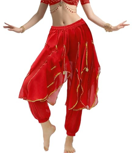 Leemiman Disfraz de danza del vientre para mujer, pantalones de harén tribal, holgados, árabes, para Halloween, con ribete dorado, rosso, L