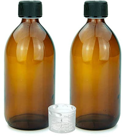 Devitre 2 braune Glasflaschen 500 ml mit Deckel Messbecher und Beschriftungsetiketten
