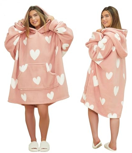 Dreamscene Heart Print Blanket Hoodie, Mothers Day Gifts Super Soft Sherpa Fleece Warm Cosy Oversized Hoodie Women Wearable Blanket Snoodie Hooded Sweatshirt for Women Adult Girls, Blush Pink