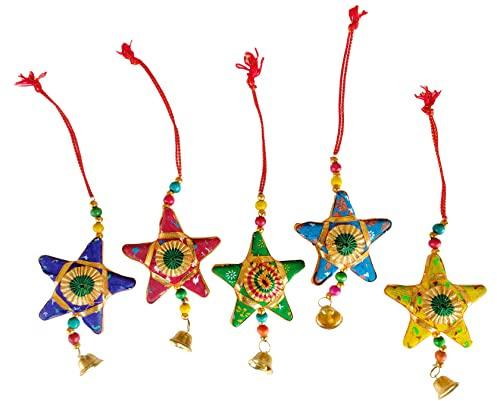 Rastogi Handicrafts Star Bell and Half Moon Hanging Set of 5 Home Christmas Hanging Ramadan Gifts Party Decorative Ornaments Multi Colored Indian Traditional (Multi 5 Star)