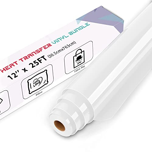 IModeur 25 Ft White Heat Transfer Vinyl — 30.5 x 763 cm Iron on Vinyl for Fabric, PET Backing HTV Roll for T-Shirts, Clothes, Hats, Bags and Other Textiles, Easy to Weed