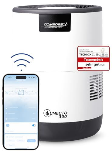 Comedes Umecto 300, per stanze fino a 45m², evaporazione a freddo, serbatoio 2,8 l, capacità di umidificazione fino a 300 ml/h, indicatore di umidità dell'aria a 3 colori, modalità automatica