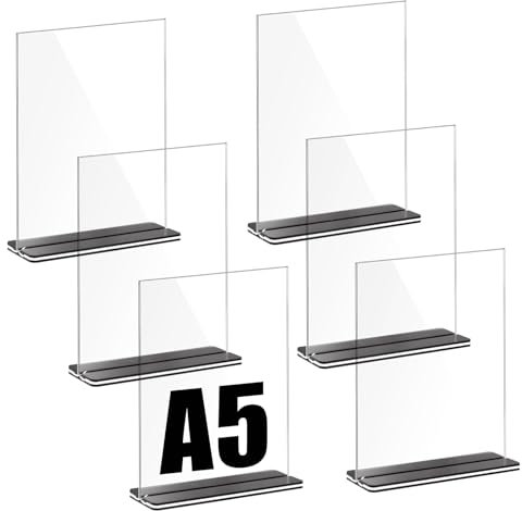 6 Pezzi Espositore Plexiglass A5, Espositore da Tavolo in Acrilico, Porta Menu da Tavolocon Base a T, Espositore A5 Bifacciale Trasparente per Segnaletica, Menù, Esposizioni, Espositori da Tavolo