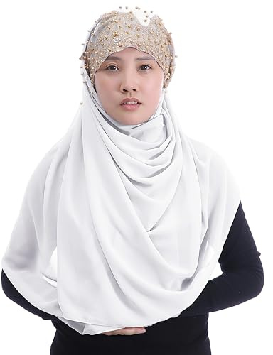Lina & Lily Hijab Premium in Chiffon per la Testa Sciarpa Foulard con Paillettes Dorate Glitterate e Perline per Donne Musulmane, bianco, Etichettalia unica