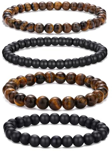 RANKEEF Mens Beaded Bracelets Lightweight 6mm/8mm Natural Stone Bracelet for Men Bead Bracelets Set Various Black Beaded Bracelet for Men Adjustable Stretch Men's Bracelet Tigers Eye Bracelet