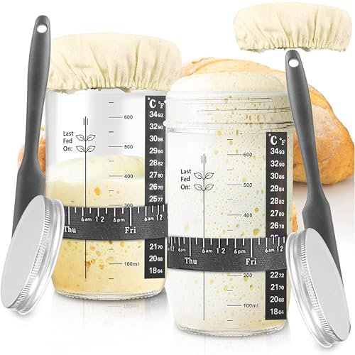 CXAFQ 2Pcs 24 OZ Bread Leavening Jars, Sourdough Starter Jar Kit Lid Set, Bread Fermentation, Reusable Sourdough Starter Jar, with Thermometer, Feeding Date Band, Cloth Cover, Silicone Scrape