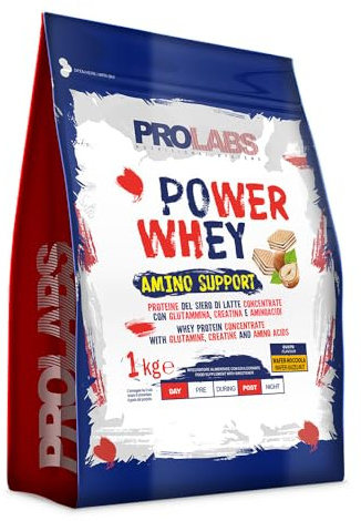 PROLABS – Proteine in Polvere POWER WHEY AMINO SUPPORT Concentrate Ricche di Aminoacidi Essenziali e BCAA, Whey Protein + Creatina, Glutammina, Vitamina B6 Crescita, Forza, Recupero 1kg Wafer/Nocciola