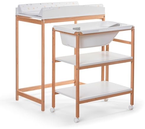 OKBABY Woody – Wickeltisch aus Holz mit ergonomischer Badewanne und Rädern, komplett mit weicher Wickelauflage für Neugeborene – 0–12 Monate (11 kg) – Weiß