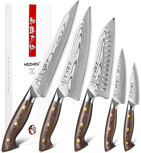 HEZHEN Damasco Juego de Cuchillos de Cocina 5 Piezas, Set Profesional de Cuchillos de Che Cuchillo Santoku，Universales Cuchillos de Trinchar, Mango Ergonómico de Madera de Micarta