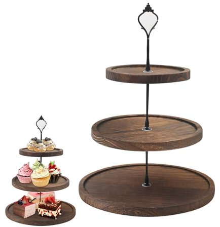 YedZen 3 Tier Round Cake Display Stand, Tiered Cupcake Tung Wood Holder with Metal Handle, Dessert Tiered Serving Wooden Stand for Afternoon Tea, Party, Wedding, Birthday, Cake Tray Platter
