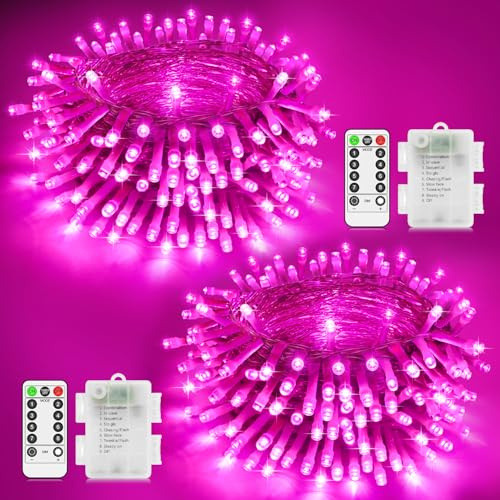 2 Pack Pink Fairy Lights Battery Total 20M 200 LED Christmas Lights Outdoor | 8 Modes Remote Control Timer Dimmable IP44 Waterproof Indoor Outside Garden Party Xmas Bedroom Valentines Day Decor