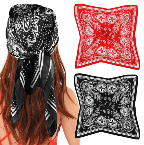 Nogeqi 2 Stück Seide Bandana Rot Schwarz 70 x 70 cm Bandana Herren Kopftuch Damen Sommer Satin Paisley Halstuch Quadratische Bedrucktes Schals für Headwear Haare Schal Ansatz Handgelenk