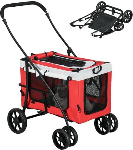 PawHut Poussette pliable animaux chien chat 2 en 1, nacelle amovible bandoulières 4 roues avec frein tissu 600D Oxford 81 x 58 x 97,5 cm rouge