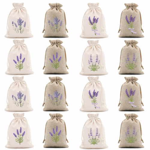 Ziyonix 16 Sacchetti di Lavanda Vuoti con Coulisse in Cotone e Lino, 15 x 10 cm, Bustine per Lavanda, Spezie ed Erbe Aromatiche
